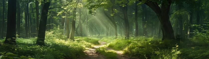 A forest with a path through it - obrazy, fototapety, plakaty