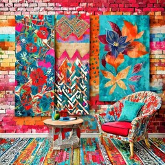 an eclectic mix of wall prints featuring vibrant colors and playful motifs. Arrange the prints in a dynamic layout against a backdrop of patterned wallpaper or painted brick, creating a lively and inv