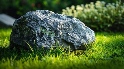 Stone in the garden with grass and flowers, shallow depth of field