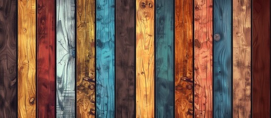 A row of differently colored wooden boards, made from hardwood and stained in various tints and shades, showcasing a beautiful pattern of natural materials - obrazy, fototapety, plakaty