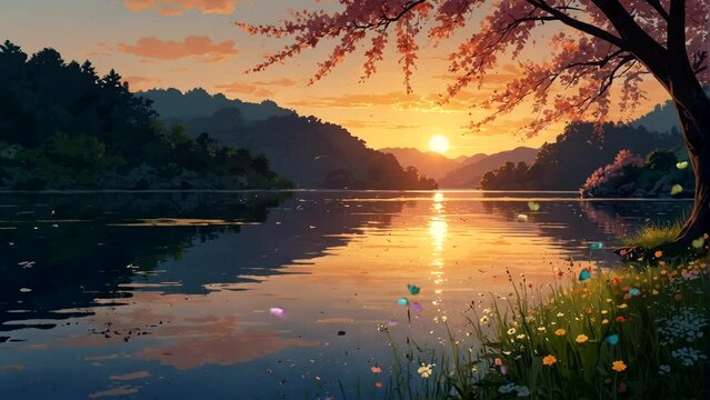 Animation of a beautiful lakeside scene, in spring, flowers blooming beautifully, as the sun rises Seamless looping 4k time-lapse animation video background
