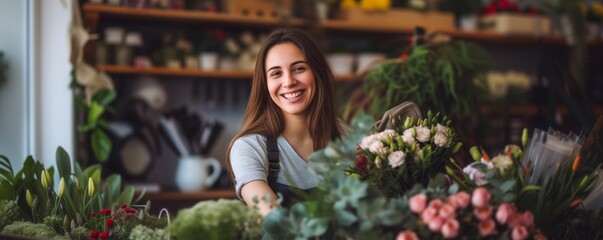 Smiling female florist arranging bouquet standing at counter	