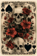 Ace of spades, romantic floral and skull motif poker card. Vintage dot pattern playing card. 