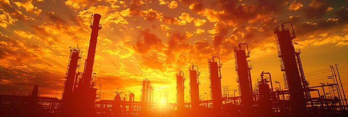 Industrial refinery at sunrise with smokestacks and pipelines. Environmental impact and energy industry concept. Design for report on energy, environmental brochure, oil and gas industry background - obrazy, fototapety, plakaty