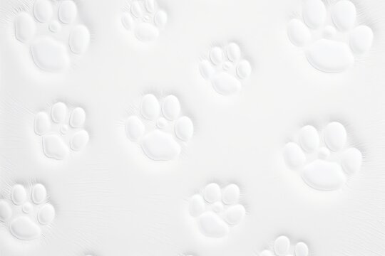 White paw prints on a background, minimalist backdrop pattern with copy space for design or photo, animal pet cute surface 