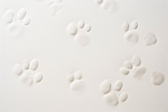 White paw prints on a background, minimalist backdrop pattern with copy space for design or photo, animal pet cute surface 