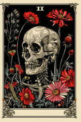 Vintage tarot card with floral and skull motif. Divination and fortune telling. Symbolism of death and rebirth.