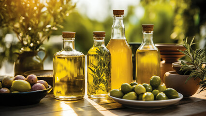 Olive oil in glass bottles, rosemary and green olives