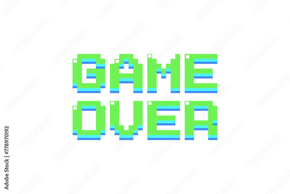 Poster computer generated a text message screen: game over . 3d rendering 8-bit font, black background for 