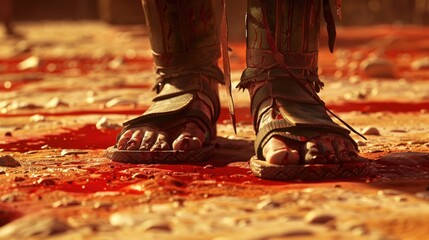 Detailed, hyper-realistic image of a gladiator's sandals treading the bloodied sands of the arena