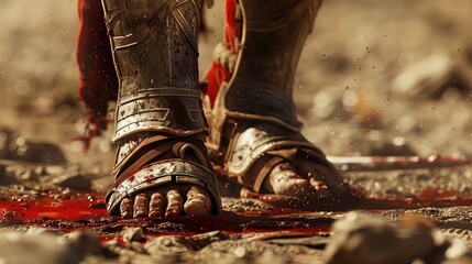 Detailed, hyper-realistic image of a gladiator's sandals treading the bloodied sands of the arena - obrazy, fototapety, plakaty