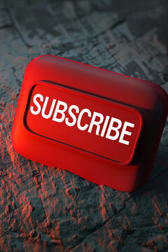 Subscribe Red Label Button. Isolated 3D Banner, with writing "SUBSCRIBE"