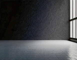 Open space in a large room with black walls and gray floor. Incident light from the window on the right