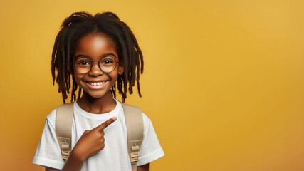 Happy 10 year old girl, cartoon style schoolgirl, with dreadlocks, with a backpack, wearing a white T-shirt, points with her finger at a blank yellow background
