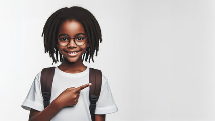 Cheerful schoolgirl, African American 10 years old, wearing a white T-shirt, glasses, on a white background, smiling and pointing to the empty space