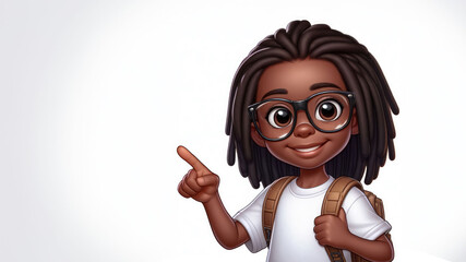 Cute girl with a backpack, with dreadlocks, glasses, a white T-shirt, pointing her finger at an empty space. Cartoon style, white background