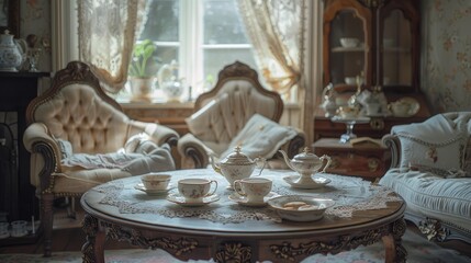 Victorian parlor in london, high tea setup, intricate furniture, soft light, delicate china patterns