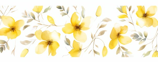 Yellow flower petals and leaves on white background seamless watercolor pattern spring floral backdrop 