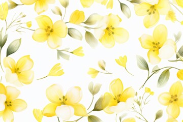 Yellow flower petals and leaves on white background seamless watercolor pattern spring floral backdrop 