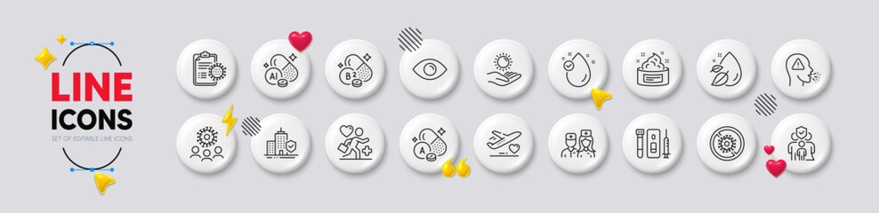 Apartment insurance, Coronavirus and Stop coronavirus line icons. White buttons 3d icons. Pack of Vitamin e, Vitamin a, Medical flight icon. Vector