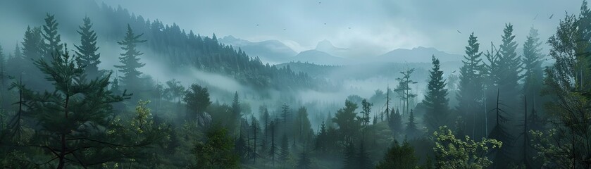 A forest with foggy mountains in the background