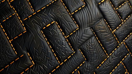 A seamless texture of matte black leather, punctuated with bright gold stitching in a herringbone pattern. 32k, full ultra HD, high resolution - obrazy, fototapety, plakaty
