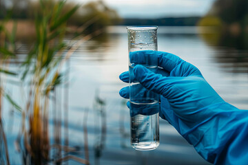 Fence, check the water sample for infections. Gloved hand with flask and a test tube on a background of lake, river, sea. Pollution of ecology, environment - obrazy, fototapety, plakaty