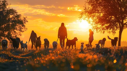 A group of people and dogs are walking together in a field. The sun is setting, creating a warm and peaceful atmosphere