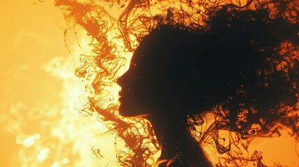 A woman with long hair is silhouetted against a bright orange background. The smoke and fire in the background give the image a sense of chaos and destruction - obrazy, fototapety, plakaty