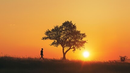 A person is walking in a field with a tree in the background. The sky is orange and the sun is setting