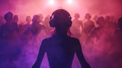 A woman is standing in front of a crowd of people, wearing headphones and surrounded by smoke. Scene is energetic and lively, as the woman is dancing or performing in front of a group of people