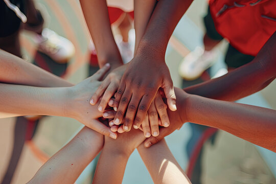 Team of kids children basketball players stacking hands in the court, sports team together holding hands getting ready for the game
