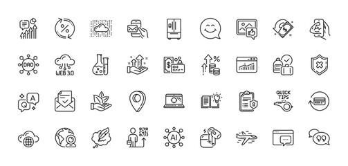 Airplane, Loan percent and Like photo line icons pack. AI, Question and Answer, Map pin icons. Organic product, Approved mail, Chemistry lab web icon. Vector