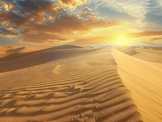 A desert landscape with a sun setting in the background