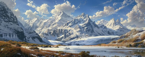 A beautiful mountain landscape with snow-covered peaks and a frozen lake