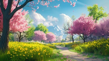 A beautiful, serene landscape with a path through a field of flowers and trees