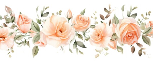 Peach roses watercolor clipart on white background, defined edges floral flower pattern background with copy space for design text or photo backdrop minimalistic  - obrazy, fototapety, plakaty