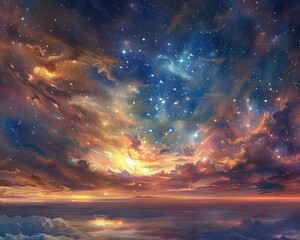 A beautiful, colorful sky with a lot of stars and clouds