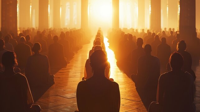 A large group of people are sitting in a room, with the sun shining through the windows. Scene is peaceful and serene, as the people are meditating and focusing on their inner selves