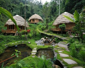A lush green garden with three small huts and a pond