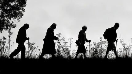 Four people walking in a field with backpacks - obrazy, fototapety, plakaty
