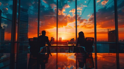 Two people are sitting at a table in a large building, looking out the window at the sunset. Scene is peaceful and serene, as the couple enjoys the beautiful view together
