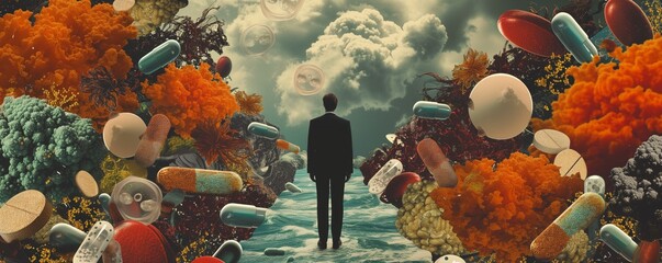 Surreal collage with man and drugs	