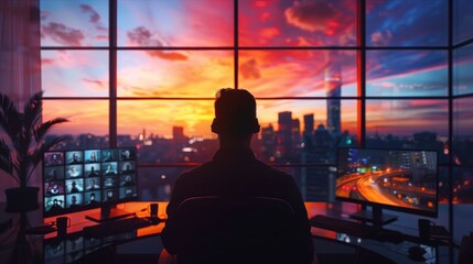A man is sitting in front of a computer monitor with a city view in the background. The sky is orange and the sun is setting