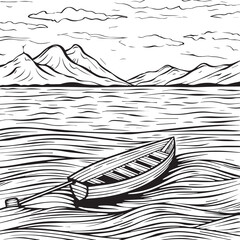 Boat in a lake with mountains in background, vector illustration on white for kids coloring pages