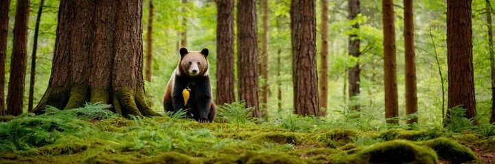 Obraz premium Brown bear in the woods, big wild animal in the lush green forest. walking and sitting in the jungle. made with generative AI technology.