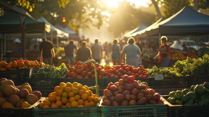 A market with a lot of fruit and vegetables. People are shopping and walking around. Scene is lively and bustling - obrazy, fototapety, plakaty