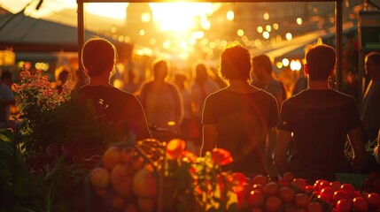 A group of people are sitting in front of a fruit stand with a sunset in the background. Scene is peaceful and relaxing