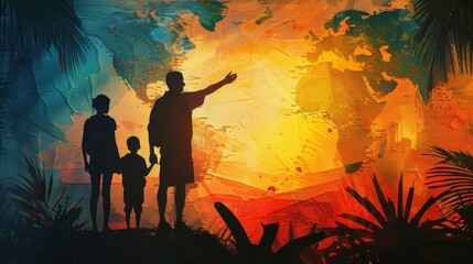 A painting of a family of three people standing in a jungle with a man pointing to the sky - obrazy, fototapety, plakaty