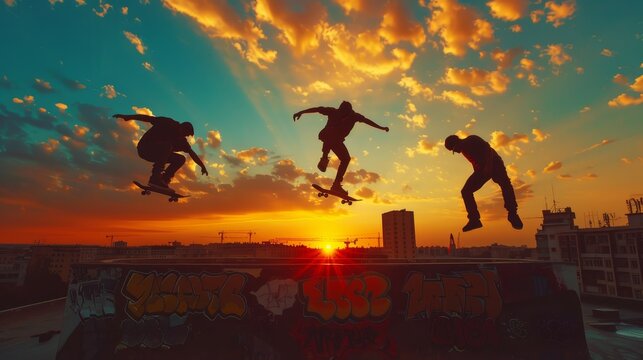 Three skateboarders are performing tricks on a graffiti covered wall. The sky is orange and the sun is setting, creating a warm and energetic atmosphere